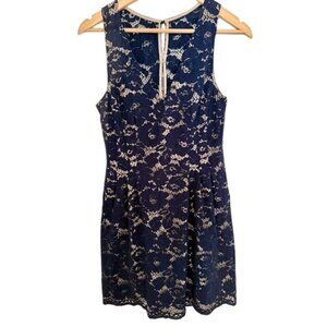 Navy Blue 10 Sleeveless Lace Dress Bodycon Romantic Holiday Party Sheer Glam